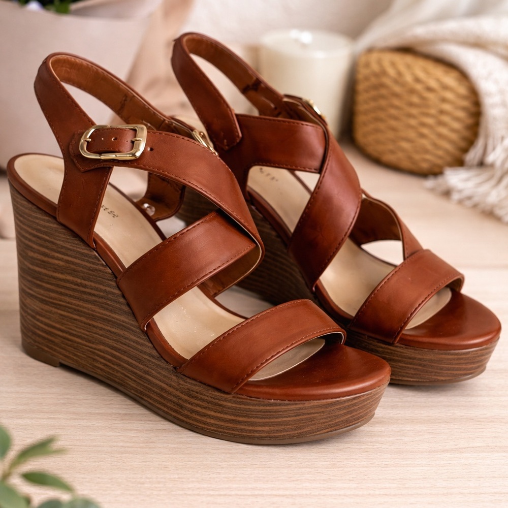Marc Fisher Tan Leather Wedge Sandals